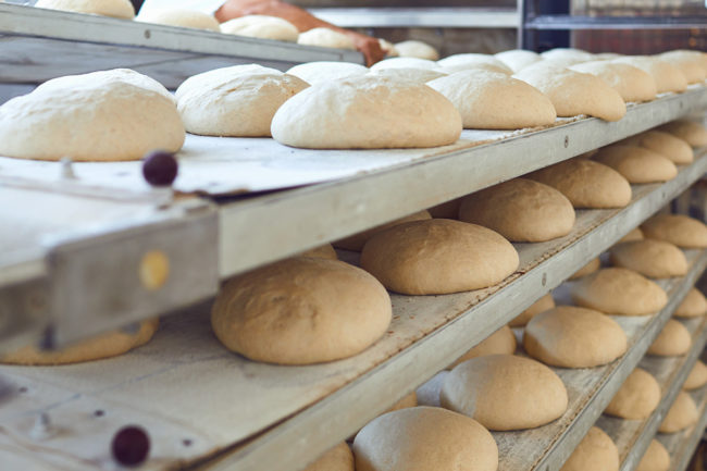 Fresh bread on trays before baking in the oven at the bakery.