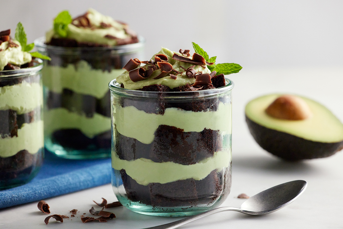 Avocado Chocolate Mousse Layer Cake in glass cups