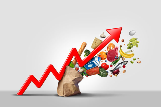 Rising food cost and grocery prices surging costs of supermarket groceries as an inflation financial crisis concept coming out of a paper bag shaped hit by a a finance graph arrow with 3D render elements.