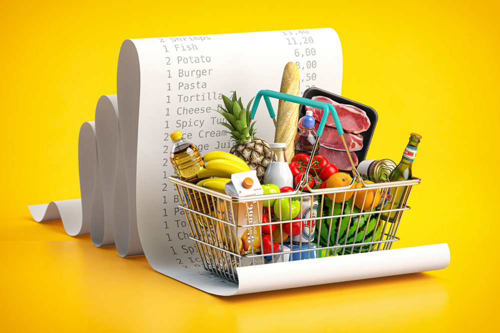 Shopping basket with foods on receipt. Grocery expenses budget, inflation and consumerism concept. 3d illustration